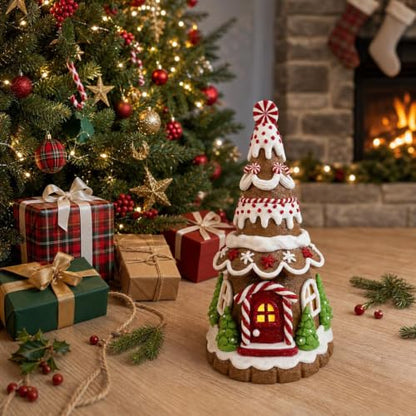 Lighted Gingerbread House Tree - 9 Inch Clay Dough Holiday Decor