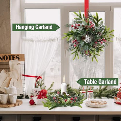 6 Pack Mini Christmas Wreaths 9.8 Inch with Ribbons for Cabinets & Decor – Holiday Faux Wreath Set