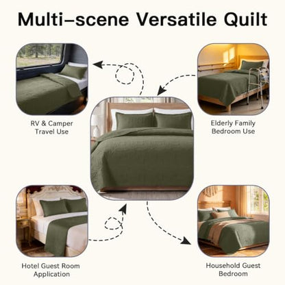Olive Green Queen Quilt Set Lightweight Bedspread with Pillow Shams
