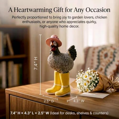 Rain Boots Hen Chicken Figurine Resin Farmhouse Kitchen Decor, 7.4 Inches