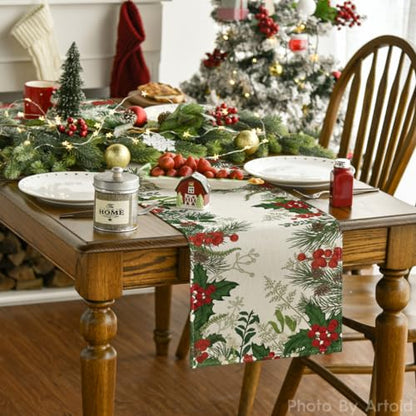Holly Christmas Table Runner 13x108 Inch Home Party Decor Green Variation