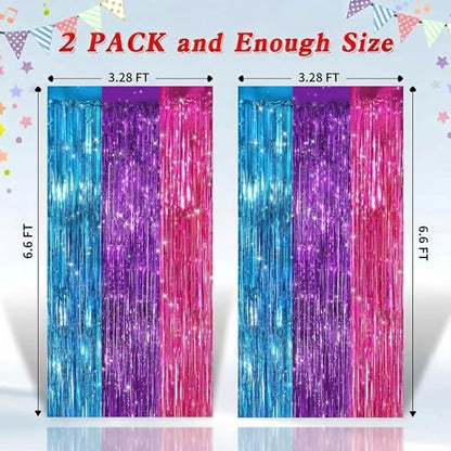 Blue Purple Pink Foil Fringe Curtain 2 Pack Tinsel Backdrop for Party Decorations - Variation of Blue Purple Pink / 2 PCS