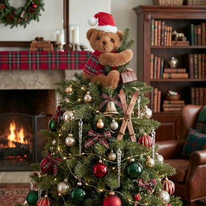 15.75 Inch Christmas Bear Tree Topper - Plush Tartan Plaid Holiday Decor