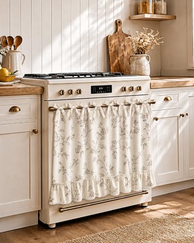 Farmhouse Oven Curtain with Tie Top - Taupe Floral Kitchen Decor