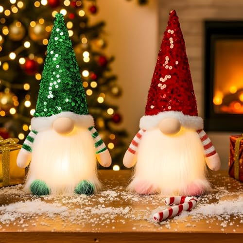 Christmas Lighted Gnome Decorations Set - Red & Green, 12 Inch Scandinavian Plush Gnomes
