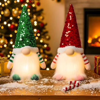 Christmas Lighted Gnome Decorations Set - Red & Green, 12 Inch Scandinavian Plush Gnomes