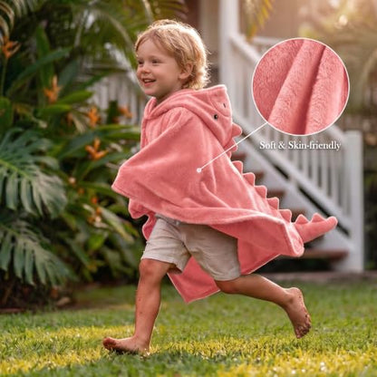 Kids Dinosaur Hooded Towel Pink Fleece Poncho for Bath & Pool