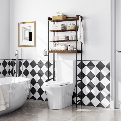 KINGRACK Brown 4-Tier Over-the-Toilet Bathroom Shelf with Hooks