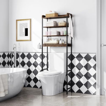 KINGRACK Brown 4-Tier Over-the-Toilet Bathroom Shelf with Hooks