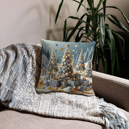 Merry Christmas Tree Throw Pillow Cover 16x16 Inch - Festive Snow Drift Gold Confetti Cushion for Sofa