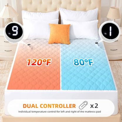 SameBed King Size Heated Mattress Pad White - Quilted Electric Fitted Cover with 9 Heat Settings