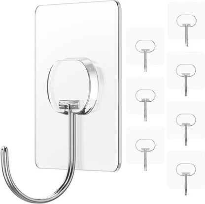 JINSHUNFA Heavy Duty Adhesive Wall Hooks - 13LB Capacity, Waterproof, Transparent | 8 Pack for Bathroom & Kitchen