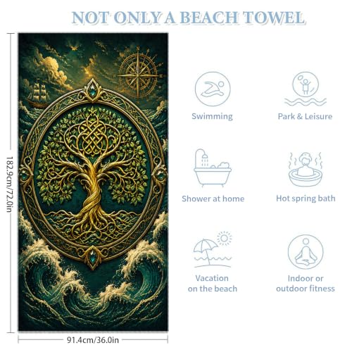 Nordic Viking Waves Tree of Life Beach Towel 36x72 Inches Large Absorbent Quick Dry