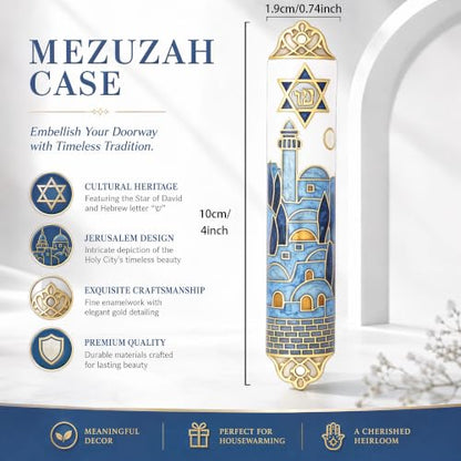 Enamel Mezuzah with Scroll for Door Jerusalem Skyline Relief Design