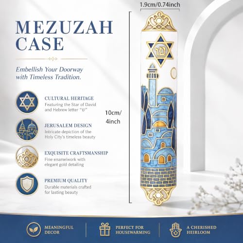 Metal Enamel Mezuzah with Scroll Set for Doorway - Jerusalem-Inspired Design
