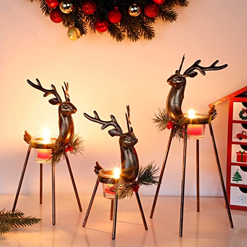 Reindeer Candle Holders Set of 3 - Christmas Tabletop Decor with Glass Votive Cups