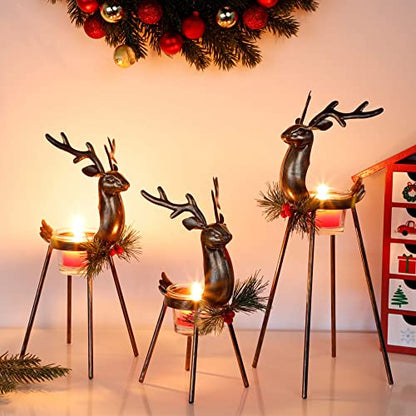 Reindeer Candle Holders Set of 3 - Christmas Tabletop Decor with Glass Votive Cups