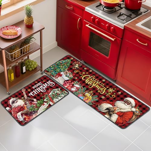 Romart Christmas Kitchen Rugs Set of 2 Black Santa Plaid Santa Claus & Tree Designs