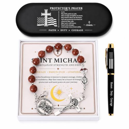 Catholic Rosary & Prayer Pen Set for First Responders - St. Michael Gold Sandstone