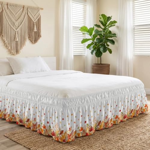 Fall Maple Leaves Bed Skirt Queen Size 16 Inch Drop Wrap Around Autumn Bedding - White, Terracotta, Pumpkin, Burnt Orange