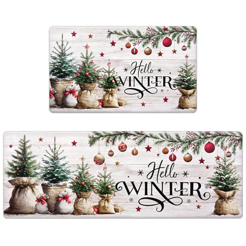 Christmas Kitchen Mat Set - White, Anti-Fatigue Waterproof Rugs, 17.3x30 + 17.3x47 Inches