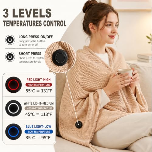 Beige Portable Heated Shawl Blanket 60x31 Inches USB Electric Wrap