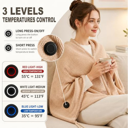 Beige Portable Heated Shawl Blanket 60x31 Inches USB Electric Wrap