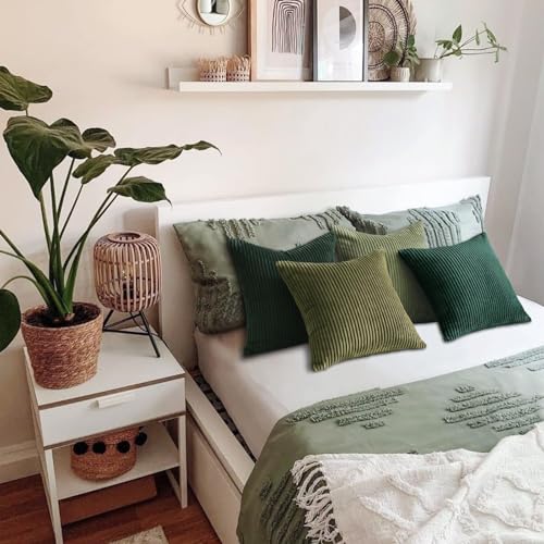 Dark Green Christmas Decorative Throw Pillow Covers Set of 4 20x20 Inches - Winter Fluffy Corduroy Euro Shams for Couch Bed Bedroom