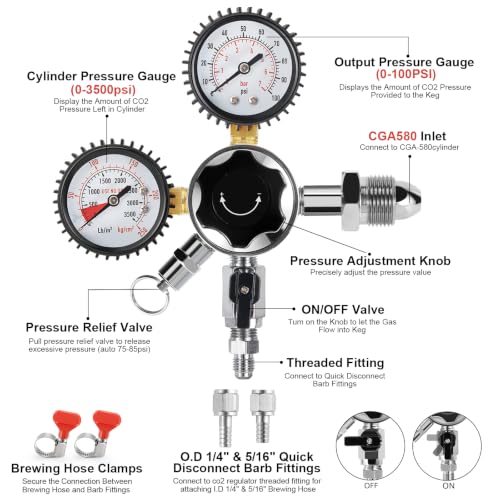 Nitrogen Regulator for Cold Brew Keg with CGA-580 Fitting and Dual Gauges