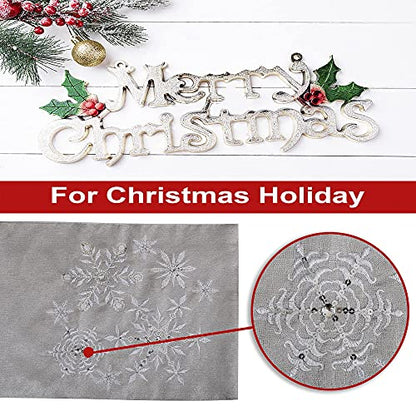Christmas Snowflake Silver Grey Table Runner 14x70 Inch Embroidered Holiday Decor