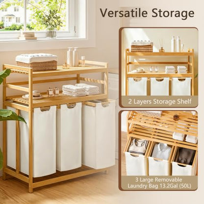 Beige Bamboo Laundry Hamper with 2-Tier Shelf and Removable Bags - 150L Capacity