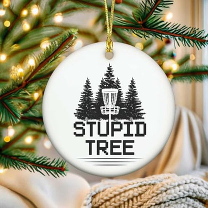 Disc Golf Christmas Ornament Stupid Tree - Funny Holiday Gift for Disc Golfers, 3-Inch Two-Sided Ceramic Decor with Gift Box