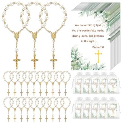 50 Gold Rosary Sets for Baptism and Religious Celebrations with Cards and Bags