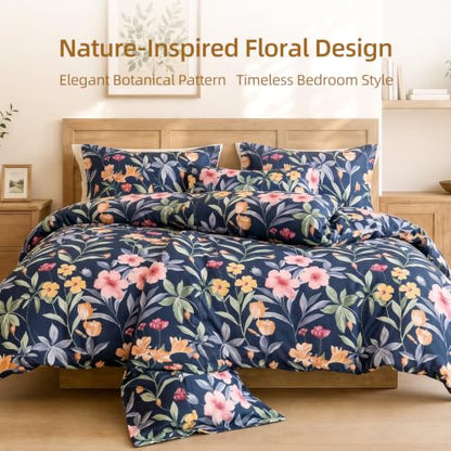 Blue Botanical Floral Cotton Duvet Cover Set 3 Piece King Size