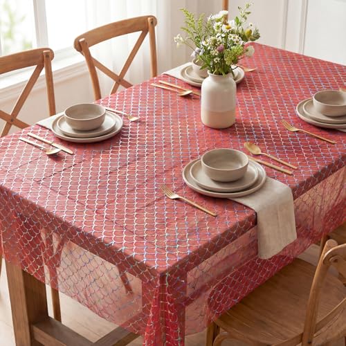 Red Colorful Mermaid Gauze Tablecloth 60x84 Inches Rectangular Glitter Mesh for Wedding Party