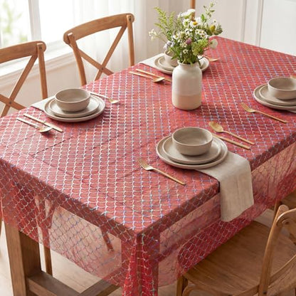 Red Colorful Mermaid Gauze Tablecloth 60x84 Inches Rectangular Glitter Mesh for Wedding Party