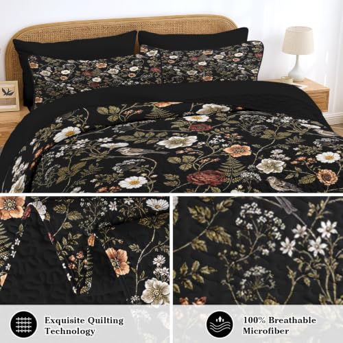 King Quilt Set with Pillowcases and Shams - Floral Bird Bedding 7 Pieces