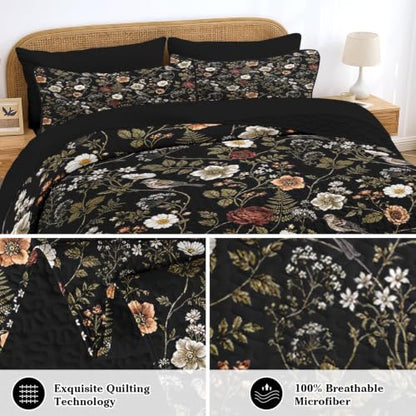 King Quilt Set with Pillowcases and Shams - Floral Bird Bedding 7 Pieces
