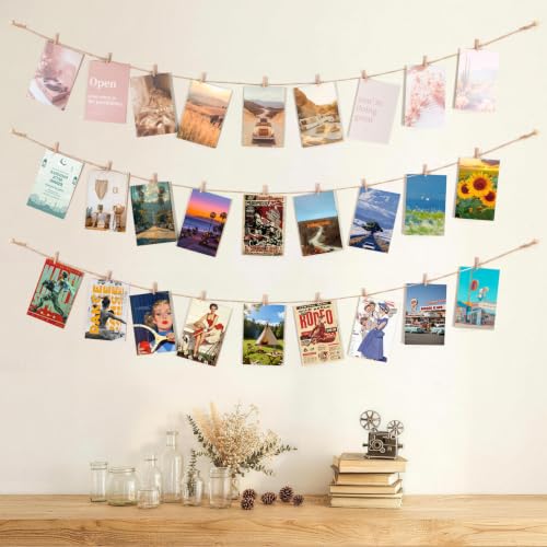 Mini Clothespins for Photos with Jute String - 100 Pcs, Wall Decor