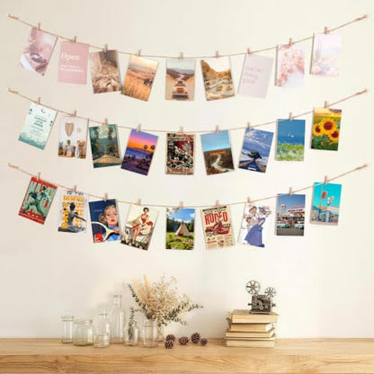 Mini Clothespins for Photos with Jute String - 100 Pcs, Wall Decor