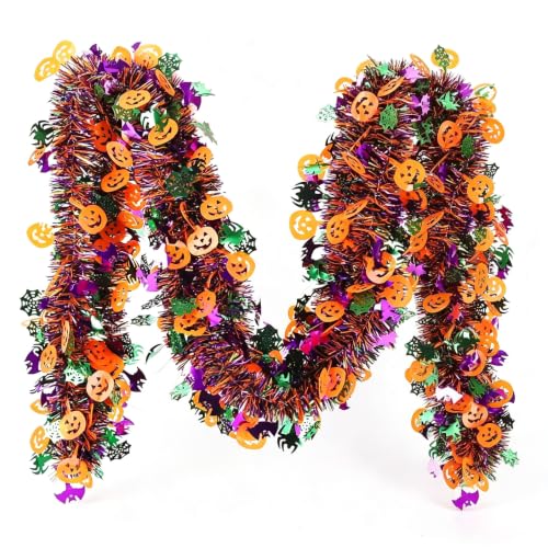 Halloween Metallic Tinsel Twist Garland - Orange and Purple Pumpkin Bat Spider Decorations - 50FT Indoor Outdoor Party Streamers - Halloween
