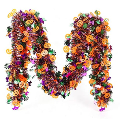 Halloween Metallic Tinsel Twist Garland - Orange and Purple Pumpkin Bat Spider Decorations - 50FT Indoor Outdoor Party Streamers - Halloween