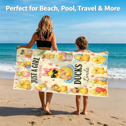 Girl Loves Ducks Beach Towel - Custom 30x60 Microfiber Personalizable Towels - Variation of Girl Loves Ducks