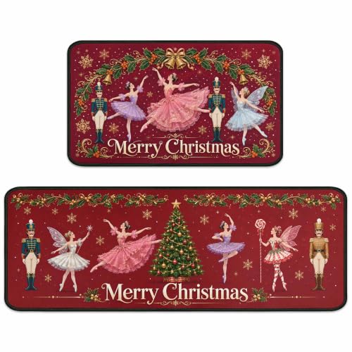 Nutcrackers Merry Christmas Kitchen Rugs Set of 2 Red Nutcracker Christmas Decor Low Profile Winter Mats - Red 2
