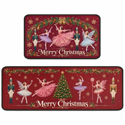 Nutcrackers Merry Christmas Kitchen Rugs Set of 2 Red Nutcracker Christmas Decor Low Profile Winter Mats - Red 2