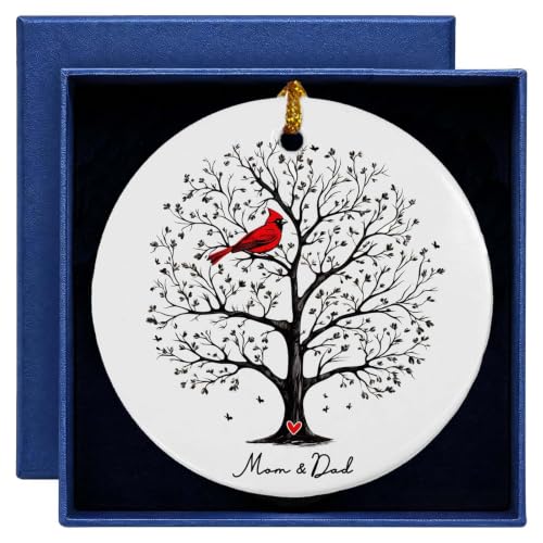 In Loving Memory Memorial Ornament - Mom & Dad Keepsake Christmas Decoration - Tree of Life Design with Cardinal - Double-Sided Ceramic Tribute