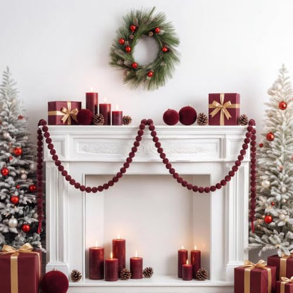 9FT Velvet Bead Christmas Garland - Dark Red Flocked Holiday Decor