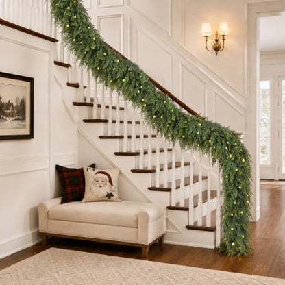 9FT Artificial Cedar Christmas Garland with Pre-Lit Warm LED Lights - Green / 9FT / 1 Piece