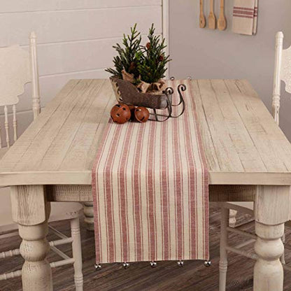 Sleigh Bells Ring Ticking Stripe Farmhouse Christmas Table Runner 90" - Red & Cream with Bells