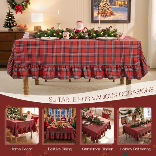 Romanstile Christmas Red Plaid Ruffled Tablecloth 60x120 Inch Rectangular - Holiday Decor